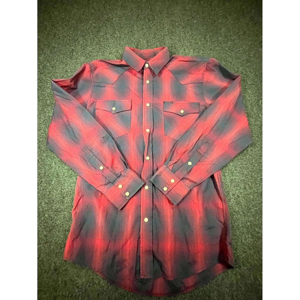 Pintlar Western Shirt Mens Medium Red Black Plaid Cotton Pearl Snap Cowboy Ranch